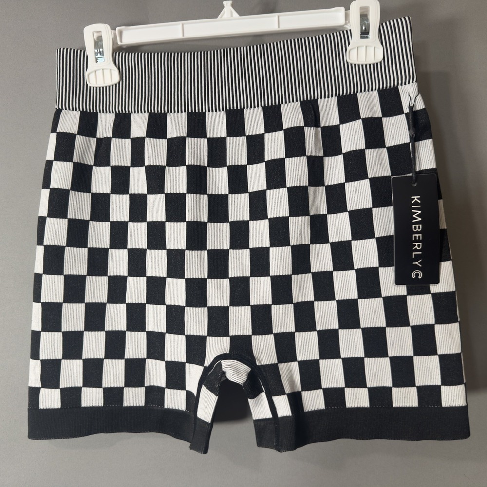 Kimberly C Womens XXL Checkerboard Shorts Black White High Waist Stretch New